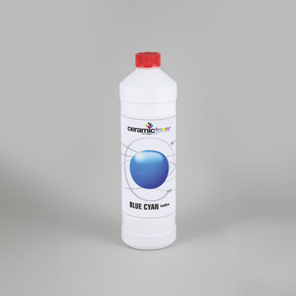 The picture shows the ceramic toner blue-cyan. The powdered toner is filled into a bottle and is suitable for use in ceramics and porcelain.