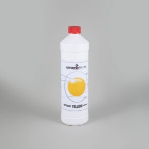 The picture shows the ceramic toner intensive yellow unfluxed. The powdered toner is filled into a bottle and is suitable for use on porcelain.