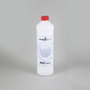 The picture shows the ceramic toner white lead-free. The powdered toner is filled into a bottle and is suitable for use in glass and ceramics.